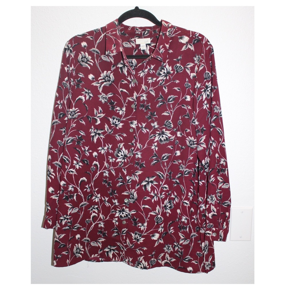J Jill Womens Burgundy Floral Print Long Sleeve Button Up Shirt Petite L - Picture 1 of 8